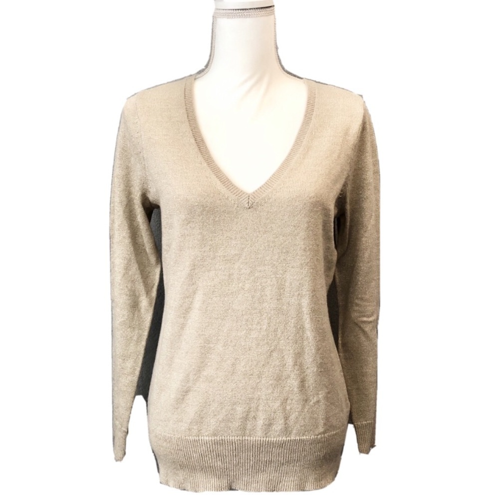 New York & Company Gold Glitter V-Neck Sweater Top Women’s Medium
